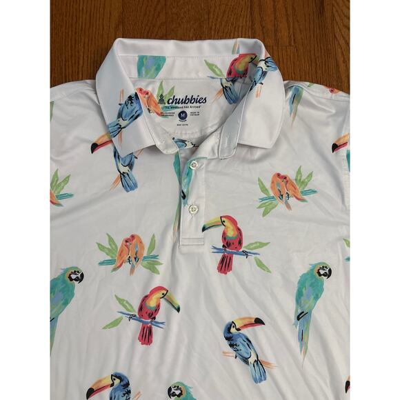 Chubbies "Dude Where's Macaw" Performance Polo Shirt White Birds- Men's Medium - Picture 3 of 5